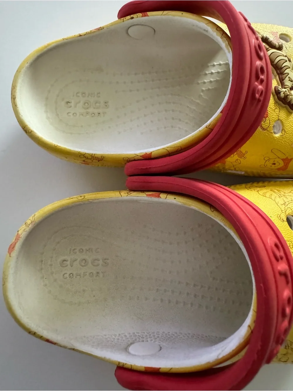 CROCS Kids Yellow Clogs with Red Heel Straps - Winnie the Pooh Theme